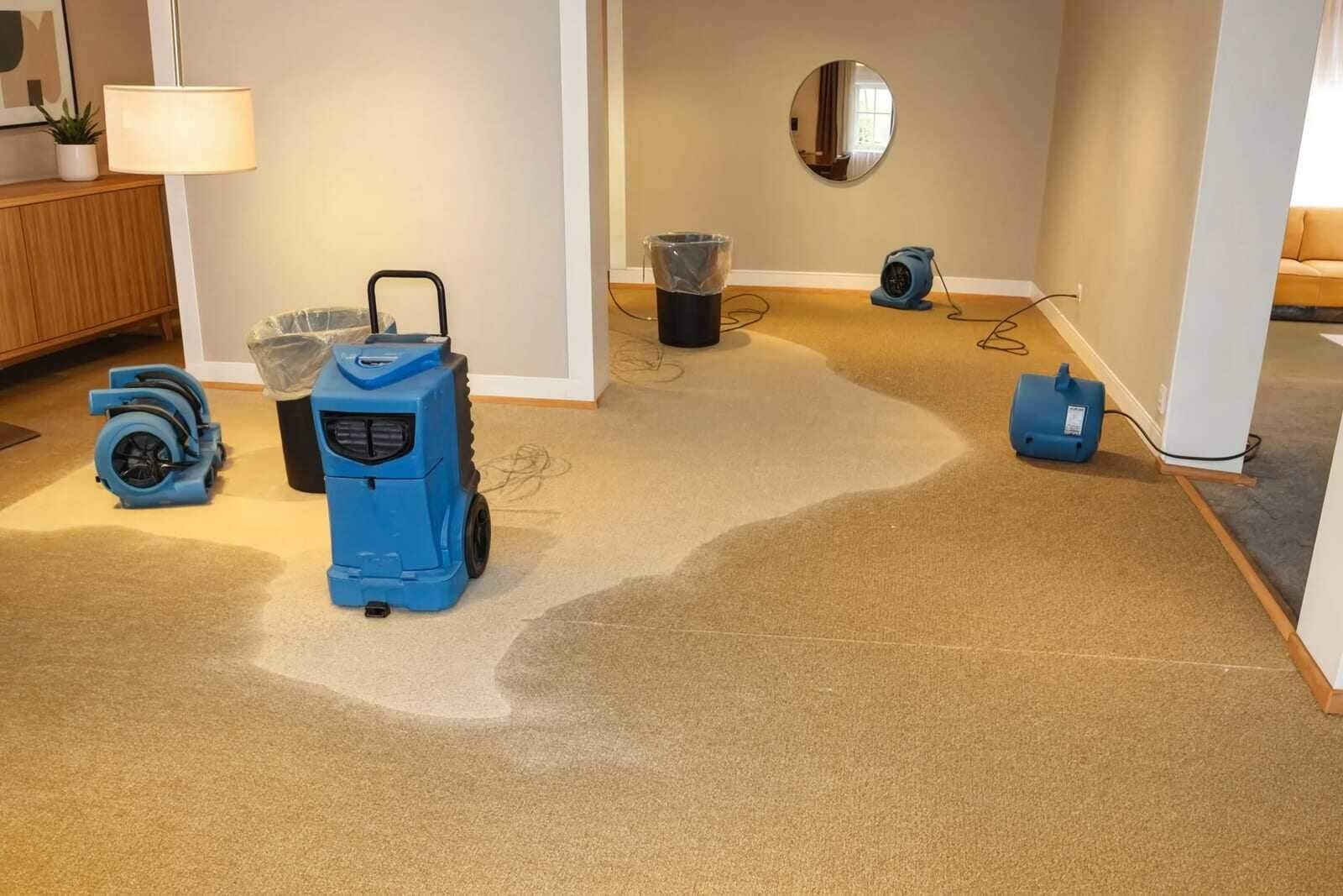 Carpet floated off the floor with air movers drying the pad and subfloor in a Houston home
