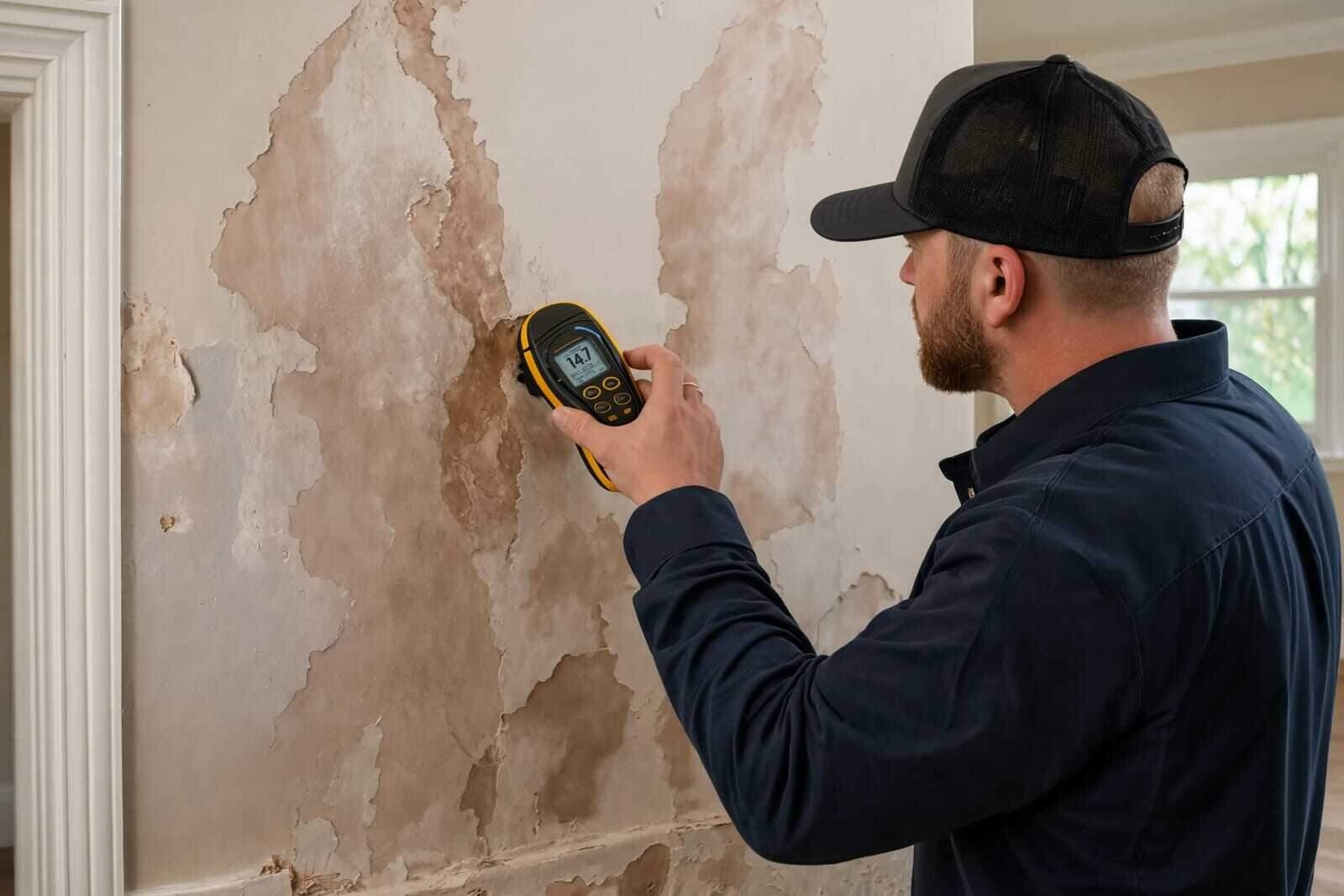 Technician documenting moisture damage with a meter to support a Houston homeowner's insurance claim