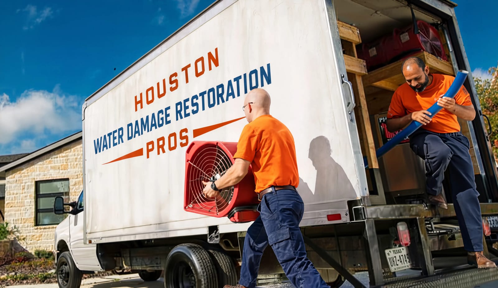 Houston Water Damage Restoration Pros crew loading drying equipment into the company truck