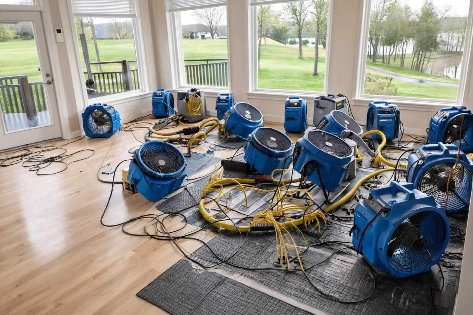 Commercial air movers and a low-grain dehumidifier drying a room in a Houston home