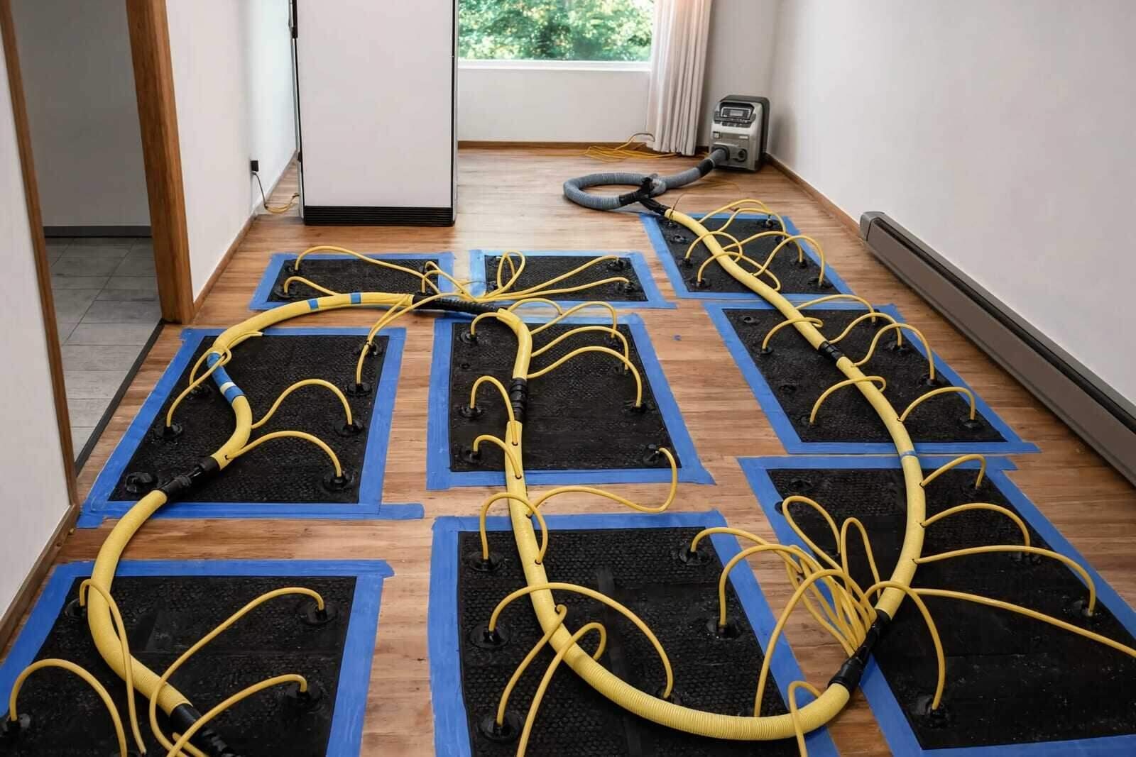 Floor-drying mats laid over a hardwood floor pulling moisture from below in a Houston home