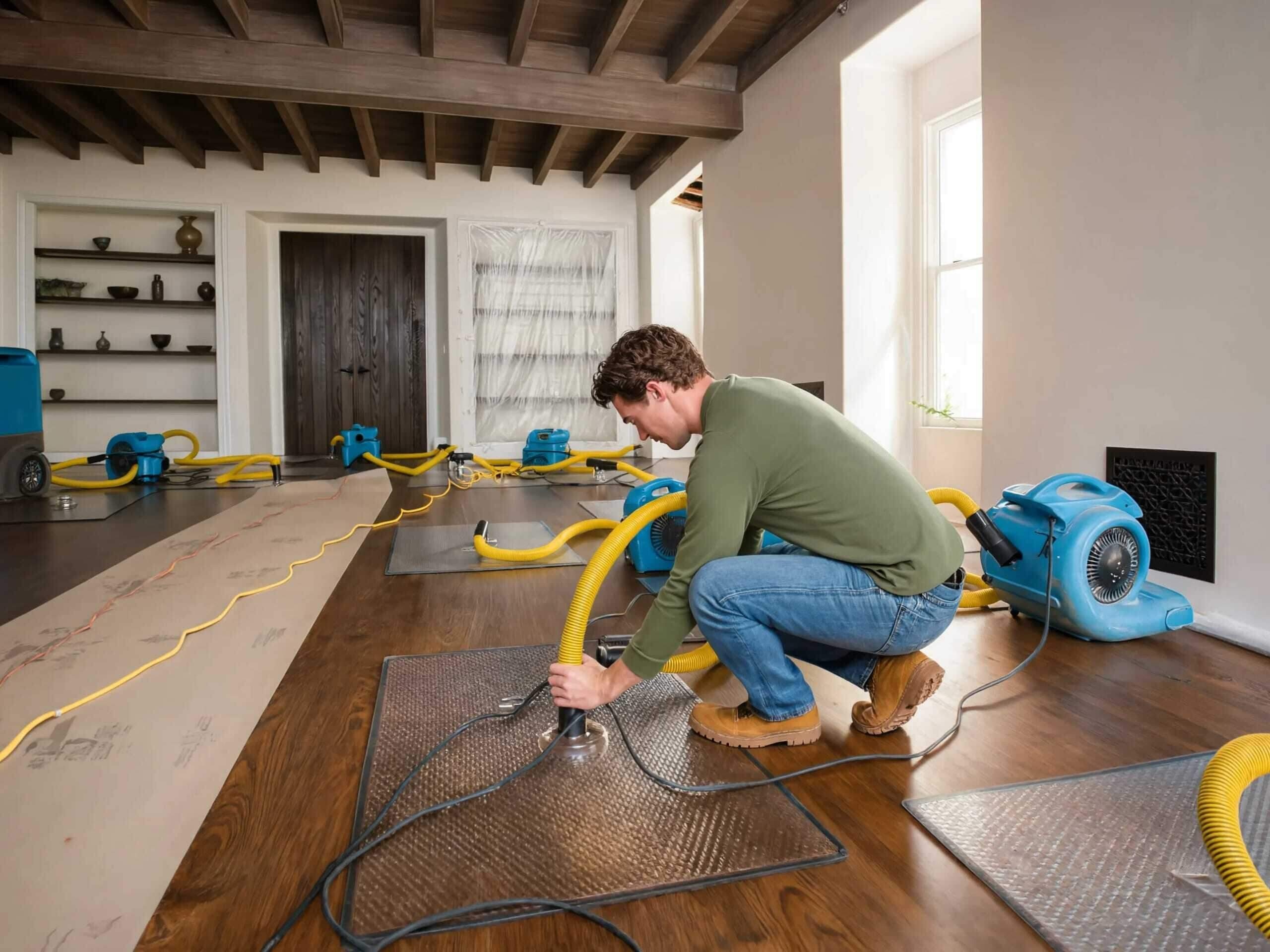 Restoration technician running floor-drying mats and air movers in a water-damaged Houston home