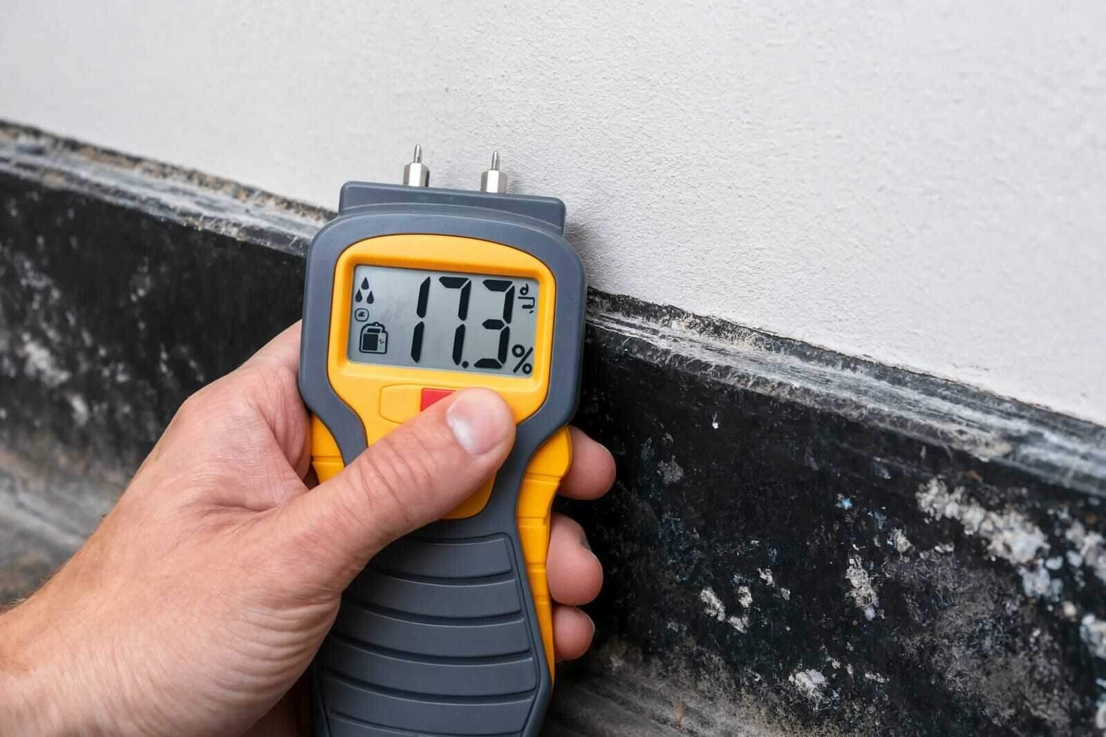Technician taking a moisture-meter reading on a wall during structural drying in a Houston home
