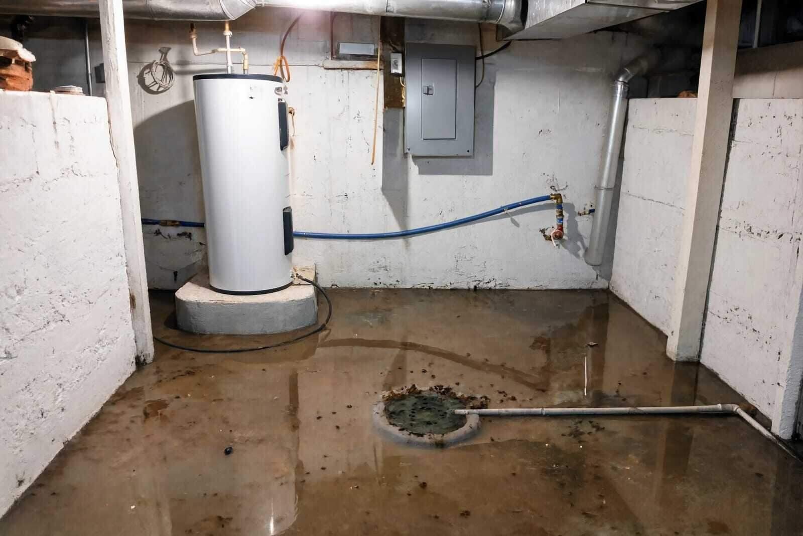 Water pooling at the base of a failed water heater in a Houston garage utility space